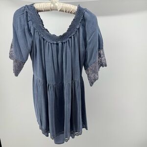 Umgee Blue Boho Peasant Blouse Top Lace Trim Short Sleeve Women's Large